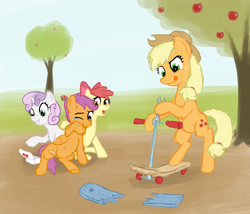 Size: 1000x855 | Tagged: safe, artist:poniker, apple bloom, applejack, scootaloo, sweetie belle, g4, bandaid, crying, cutie mark crusaders, scootalove, scooter