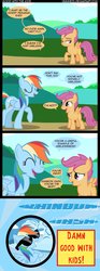 Size: 780x2087 | Tagged: safe, artist:veggie55, rainbow dash, scootaloo, pegasus, pony, g4, abuse, adoration, comic, mood whiplash, schadenfreude, scootabuse, sunglasses