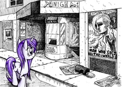 Size: 4895x3490 | Tagged: safe, artist:smellslikebeer, rarity, g4, abandoned, black and white, bygone civilization, cinema, crosshatch, david bowie, earth, grayscale, ink, looking at something, monochrome, partial color, traditional art, urban, wet, wet mane, wet mane rarity