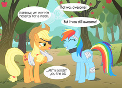 Size: 1024x743 | Tagged: safe, artist:kinrah, applejack, rainbow dash, g4, arm sling, bandage, eyepatch, injured, neck brace, sling