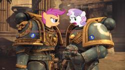 Size: 800x450 | Tagged: safe, scootaloo, sweetie belle, g4, space marine, ultramarine, warhammer (game), warhammer 40k