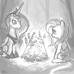 Size: 900x900 | Tagged: safe, artist:johnjoseco, fluttershy, princess luna, alicorn, pegasus, pony, g4, campfire, duo, female, fire, food, forest, grayscale, mare, marshmallow, monochrome, roasted marshmallow, sitting