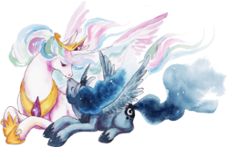 Size: 900x584 | Tagged: safe, artist:kirishin, princess celestia, princess luna, alicorn, pony, g4, duo, duo female, female, horn, jewelry, looking at each other, mare, nuzzling, prone, regalia, simple background, transparent background, wings