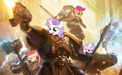 Size: 1280x796 | Tagged: safe, apple bloom, diamond tiara, scootaloo, sweetie belle, g4, bolter, cutie mark crusaders, plasma gun, power armor, power sword, powered exoskeleton, space marine, thunder hammer, ultramarine, warhammer (game), warhammer 40k