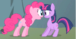 Size: 917x470 | Tagged: safe, screencap, pinkie pie, twilight sparkle, earth pony, pony, unicorn, feeling pinkie keen, g4, season 1, animated, duo, eye bulging, female, loop, mare, unicorn twilight