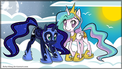 Size: 1200x678 | Tagged: dead source, safe, artist:baby-bling, nightmare moon, princess celestia, alicorn, pony, g4, duo, duo female, female, moon, sun