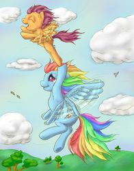 Size: 1200x1532 | Tagged: safe, artist:ratwhiskers, rainbow dash, scootaloo, pegasus, pony, g4, cloud, scootalove, sky, spread wings, tree, wings