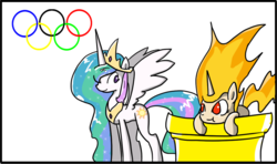 Size: 995x590 | Tagged: safe, artist:thewormouroboros, princess celestia, twilight sparkle, alicorn, pony, rapidash, g4, duo, mane of fire, mundane utility, olympic rings, olympics, rapidash twilight, simple background, walking campfire, white background