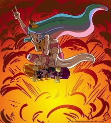 Size: 724x800 | Tagged: dead source, safe, artist:robd2003, princess celestia, human, g4, action pose, brolestia, explosion, female, humanized, skateboard, solo