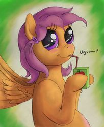 Size: 1200x1474 | Tagged: safe, artist:ratwhiskers, scootaloo, pony, ask pregnant scootaloo, g4, alternate hairstyle, juice box, pregnant, teen pregnancy, uguu