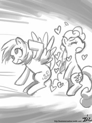 Size: 610x813 | Tagged: safe, artist:johnjoseco, carrot top, derpy hooves, golden harvest, pegasus, pony, g4, butt bump, butt smash, crossover, female, fight, grayscale, heart, lesbian, mare, monochrome, reference, ship:derpytop, shipping, super smash bros.