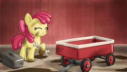 Size: 1920x1080 | Tagged: safe, artist:giantmosquito, apple bloom, pony, g4, dirty, female, solo, toolbox, wagon, wrench