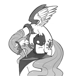 Size: 1280x1280 | Tagged: dead source, safe, artist:kevinsano, princess celestia, alicorn, human, pony, g4, batman, duo, female, grayscale, human and pony, male, mare, monochrome