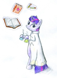 Size: 1000x1361 | Tagged: safe, twilight sparkle, g4, bipedal, book, clothes, cutie mark, dirty, female, flask, hoof hold, lab coat, magic, mare, science, telekinesis, test tube, traditional art