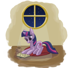 Size: 1191x1132 | Tagged: safe, artist:dragon-rider596, twilight sparkle, pony, unicorn, g4, book, chocolate, cushion, female, food, hot chocolate, mare, marshmallow, mug, night, reading, smiling, solo, unicorn twilight, window