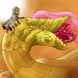 Size: 1300x1300 | Tagged: safe, artist:damaximos, carrot top, fluttershy, golden harvest, earth pony, pony, sandworm, shai-hulud, g4, background pony, crossover, dune, female, fremen, mare, ponies riding worms, pun, riding, shy-hulud, stillsuit, visual pun