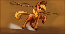 Size: 1110x591 | Tagged: safe, artist:idriaka, applejack, earth pony, pony, g4, female, mare, mouth hold, rope, solo