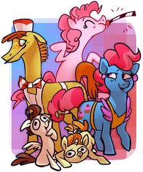 Size: 747x900 | Tagged: safe, artist:fickle, carrot cake, cup cake, pinkie pie, pound cake, pumpkin cake, g4, apron, cake family, clothes, party horn