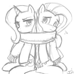 Size: 900x900 | Tagged: safe, artist:johnjoseco, fluttershy, trixie, pegasus, pony, unicorn, g4, clothes, female, grayscale, lesbian, looking at each other, looking at someone, mare, monochrome, scarf, shared clothing, shared scarf, shipping, simple background, sketch, trixieshy, white background