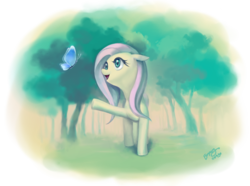 Size: 1116x831 | Tagged: safe, artist:dawkinsia, fluttershy, butterfly, pegasus, pony, g4, female, mare, signature, simple background, solo, transparent background, tree