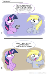 Size: 1636x2567 | Tagged: safe, derpy hooves, twilight sparkle, pegasus, pony, g4, comic, female, flyswatter, mare