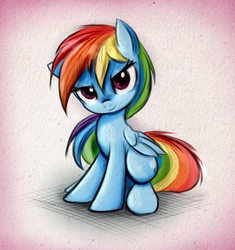 Size: 673x717 | Tagged: safe, artist:fajeh, rainbow dash, pegasus, pony, g4, cute, dashabetes, female, filly, filly rainbow dash, looking at you, sitting, solo, younger