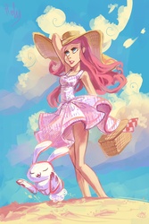 Size: 2299x3448 | Tagged: safe, artist:holivi, angel bunny, fluttershy, g4, basket, clothes, dress, high res, humanized, picnic basket, skinny, thin