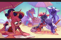 Size: 4311x2850 | Tagged: safe, artist:holivi, princess cadance, princess celestia, princess luna, queen chrysalis, alicorn, changeling, changeling queen, anthro, unguligrade anthro, g4, arm hooves, bag, beach, beach ball, beach chair, beach dress, beach towel, beach umbrella, book, bowl, chair, clothes, computer, dress, fangs, female, food, glasses, hat, horn, horn ring, laptop computer, letterboxing, lidded eyes, lying down, ponytail, reading, ring, sand, shirt, shoes, shorts, sitting, strawberry, sundress, towel, umbrella