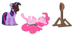Size: 5216x2518 | Tagged: safe, artist:replaymasteroftime, pinkie pie, twilight sparkle, earth pony, pony, unicorn, g4, ^^, catapult, chocolate, duo, duo female, eyes closed, female, mare, pinkie pie is amused, prank, simple background, transparent background, twilight sparkle is not amused, unamused, unicorn twilight, varying degrees of amusement