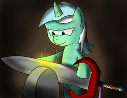 Size: 2000x1543 | Tagged: safe, artist:alexstrazse, lyra heartstrings, pony, unicorn, g4, female, grindstone, mare, sharpening, solo, sword