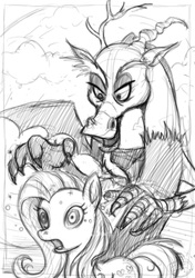 Size: 728x1035 | Tagged: safe, artist:14-bis, discord, fluttershy, draconequus, pegasus, pony, g4, black and white, discorded, grayscale, hypnotized, mind control, monochrome, open mouth