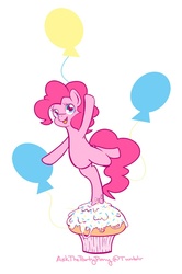Size: 607x915 | Tagged: safe, artist:antiqueantoinette, pinkie pie, earth pony, pony, g4, cupcake, cute, cutie mark background, diapinkes, female, food, open mouth, pinkie pie's cutie mark, solo, standing, standing on one leg