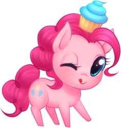 Size: 843x892 | Tagged: safe, artist:littlemissfawn, pinkie pie, earth pony, pony, g4, chibi, cupcake, cute, diapinkes, female, food, licking, licking lips, looking at you, mare, one eye closed, simple background, smiling, solo, tongue out, transparent background, wink