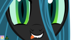 Size: 1280x720 | Tagged: safe, artist:yourfavoritesenpai, queen chrysalis, changeling, changeling queen, g4, biting, close-up, female, lip bite, looking at you, signature, solo, tongue bite, tongue out