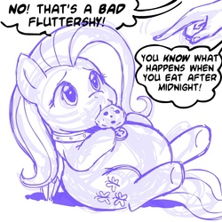 Size: 945x945 | Tagged: safe, artist:megasweet, fluttershy, pegasus, pony, adorafatty, belly, big belly, chubby, collar, cookie, cute, fat, fattershy, female, flutterpet, lying down, mare, mouth hold, on back, pet, shyabetes