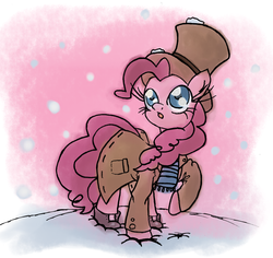 Size: 1806x1707 | Tagged: safe, artist:leadhooves, pinkie pie, pony, g4, clothes, female, hat, scarf, snow, snowfall, solo, top hat