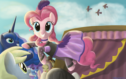 Size: 3000x1875 | Tagged: safe, artist:deathpwny, applejack, derpy hooves, fluttershy, pinkie pie, princess luna, trixie, pegasus, pony, g4, female, mare, saloon dress, saloon pinkie