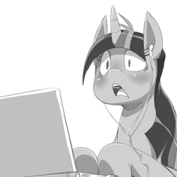 Size: 1100x1100 | Tagged: safe, artist:sunibee, twilight sparkle, pony, g4, computer, earbuds, female, laptop computer, mare, monochrome, open mouth, solo, wide eyes