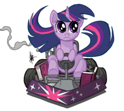 Size: 700x631 | Tagged: safe, artist:theartrix, twilight sparkle, pony, unicorn, g4, book, car, female, frown, go kart, go-kart, kart, mare, mario kart, ponykart, racer, racing, simple background, solo, that pony sure does love books, transparent background, unicorn twilight, windswept mane