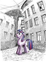 Size: 3510x4644 | Tagged: safe, artist:mcstalins, twilight sparkle, pony, unicorn, g4, absurd resolution, city, female, partial color, pony on earth, russia, saint petersburg, solo, style emulation, traditional art