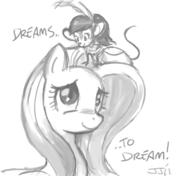 Size: 500x500 | Tagged: safe, artist:johnjoseco, fluttershy, mouse, pegasus, pony, g4, an american tail, an american tail: fievel goes west, crossover, dreams to dream, grayscale, monochrome, tanya mouskewitz