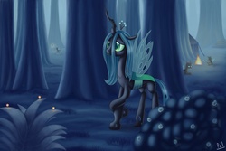 Size: 3000x2000 | Tagged: dead source, safe, artist:polkin, queen chrysalis, changeling, changeling queen, pony, g4, bonfire, everfree forest, female, fire, group, high res, sad, solo focus, tree