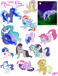 Size: 1300x1700 | Tagged: safe, artist:probablyfakeblonde, applejack, bon bon, dj pon-3, fluttershy, lyra heartstrings, octavia melody, pinkie pie, princess celestia, princess luna, rainbow dash, rarity, sweetie drops, twilight sparkle, vinyl scratch, g4, filly, sketch