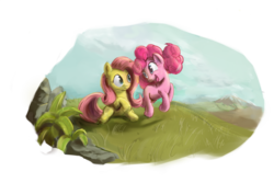 Size: 3000x2000 | Tagged: safe, artist:scrumpychumpy, fluttershy, pinkie pie, earth pony, pegasus, pony, g4, female, high res, looking at each other, open mouth, simple background, smiling, transparent background