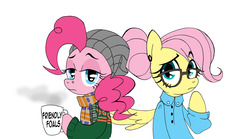Size: 8422x4699 | Tagged: safe, artist:akikodestroyer, fluttershy, pinkie pie, pony, g4, absurd resolution, bipedal, clothes, coffee, cup, duo, female, glasses, hat, hipster, hipstershy, hoof hold, lesbian, looking at you, scarf, ship:flutterpie, shipping, sweater, unamused