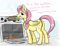 Size: 1415x1092 | Tagged: safe, artist:cartoonlion, fluttershy, pegasus, pony, g4, baking, butt, cookie, dialogue, female, implied anus, mare, mouth hold, oven, plot, solo