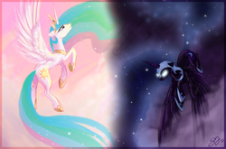 Size: 1997x1315 | Tagged: safe, artist:probablyfakeblonde, nightmare moon, princess celestia, alicorn, pony, g4, contrast, glowing eyes