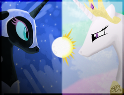 Size: 1312x1000 | Tagged: safe, artist:probablyfakeblonde, nightmare moon, princess celestia, g4, contrast