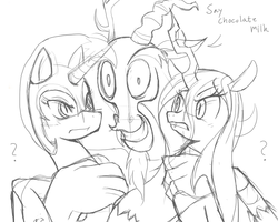 Size: 1000x800 | Tagged: dead source, safe, artist:sallymon, discord, nightmare moon, queen chrysalis, changeling, changeling queen, g4, female, sketch, swag, wip