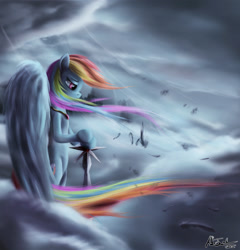 Size: 2500x2604 | Tagged: safe, artist:ajvl, rainbow dash, pegasus, pony, g4, bipedal, cloud, cloudy, epic, feather, female, high res, mare, signature, sky, solo, sword, weapon, wind
